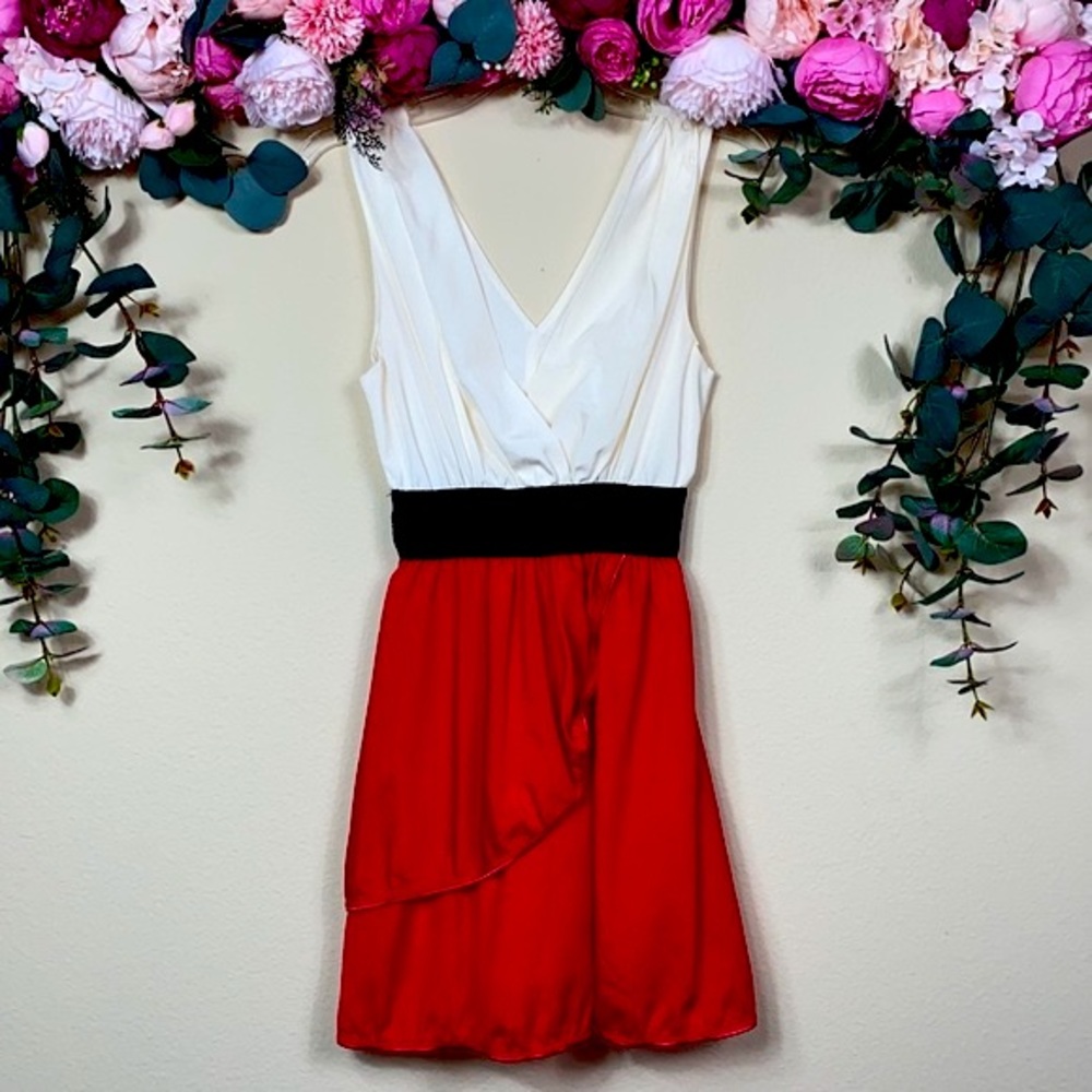 •ISSI• Cute V-Neck {red black & white} Faux Wrap Mini Dress